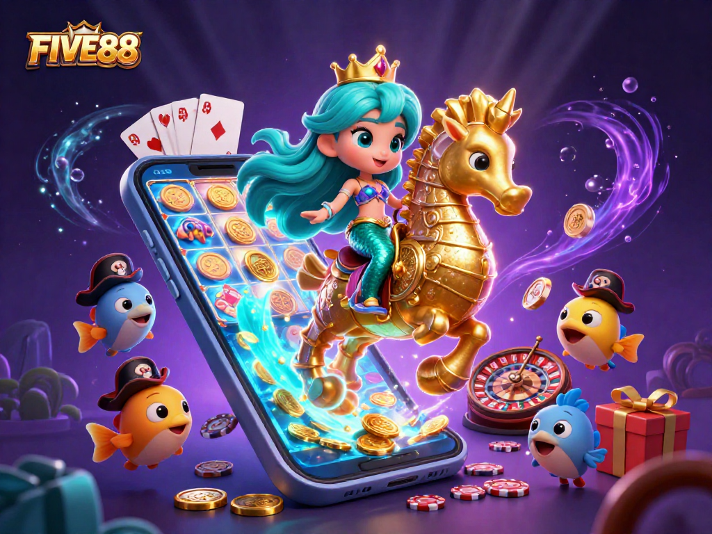 Experience the excitement of FIVE88 with a vibrant 3D illustration featuring a mermaid princess and casino games.