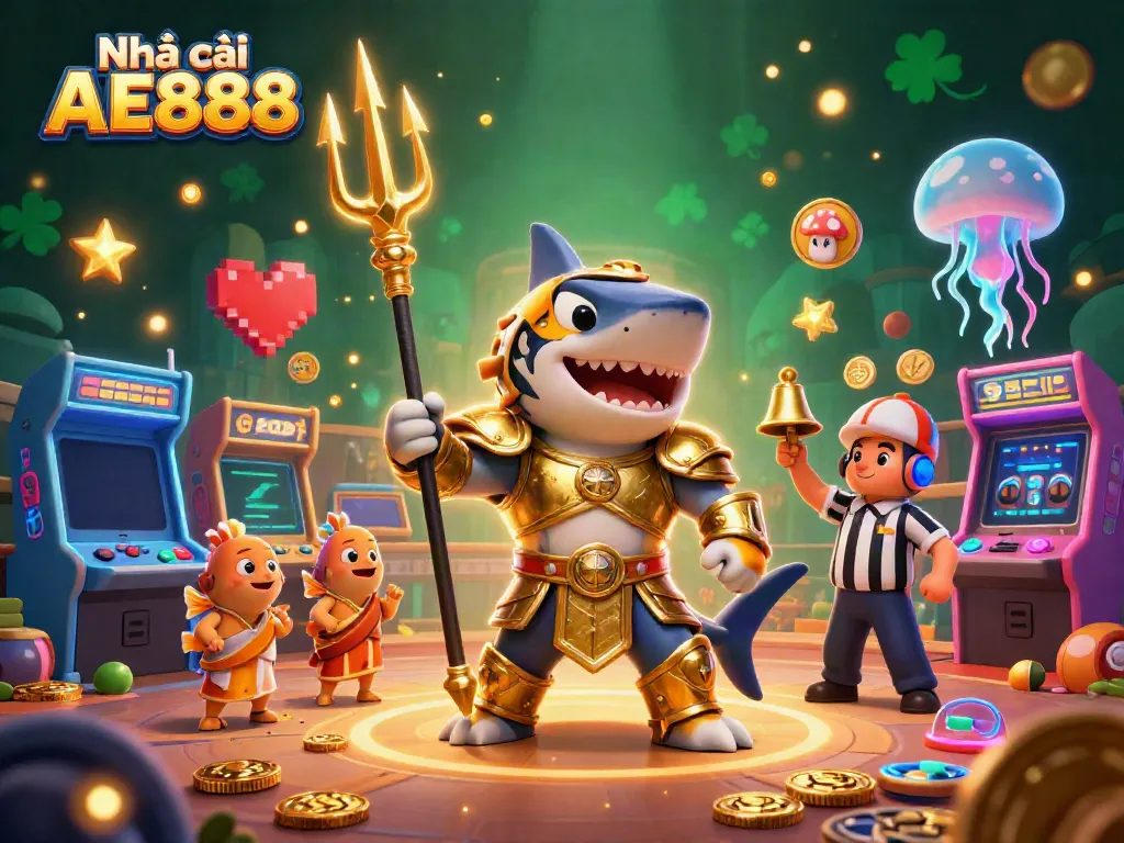 Engage with Nhà cái AE888's vibrant underwater casino scene featuring a shark warrior and playful elements.