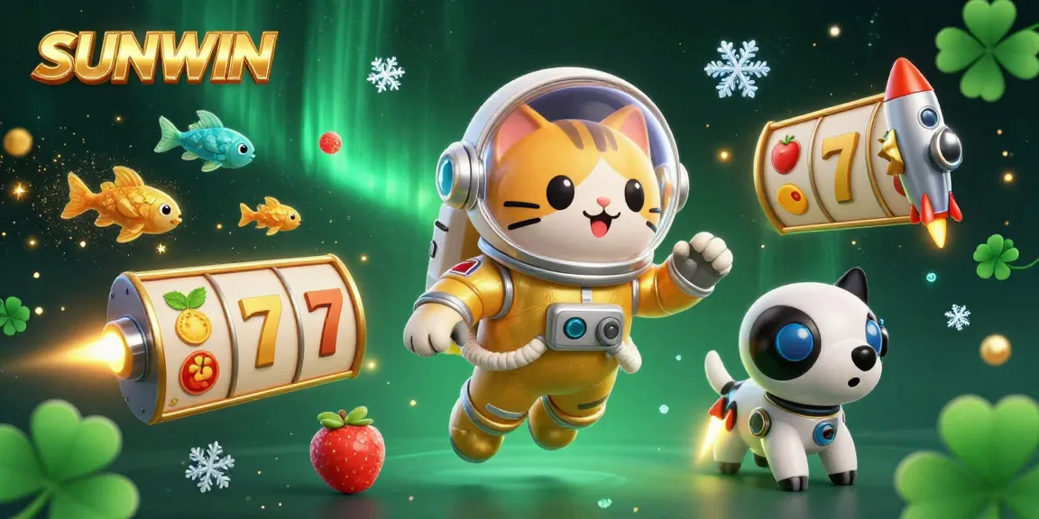 SUNWIN presents a vibrant scene featuring a golden space-suited cat astronaut, showcasing engaging slot elements amidst a cosmic backdrop.