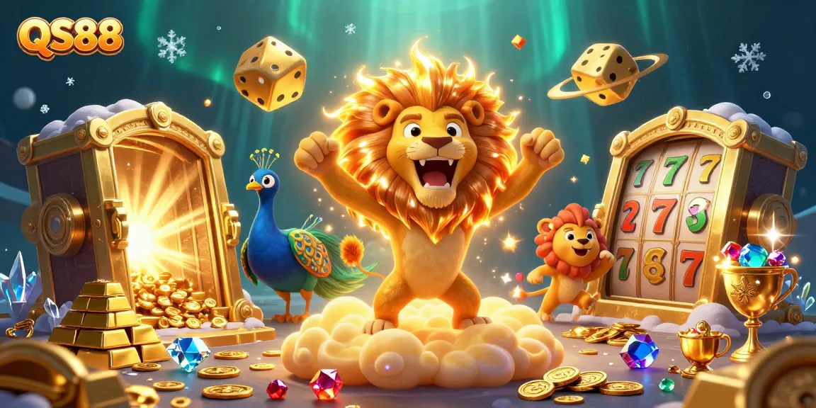 Experience the thrilling QS88 slot adventure with a vibrant 3D casino scene featuring an energetic lion and shimmering gold!