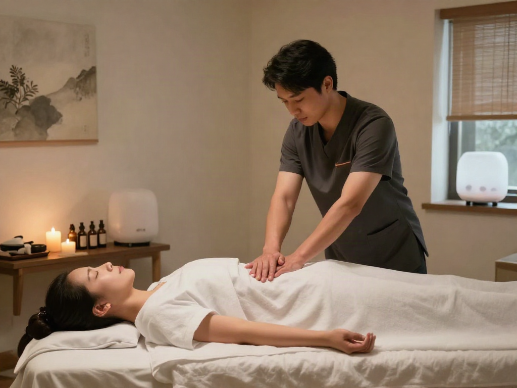 Experience soothing 오산출장마사지 in a tranquil therapy room with soft lighting and calming decor.