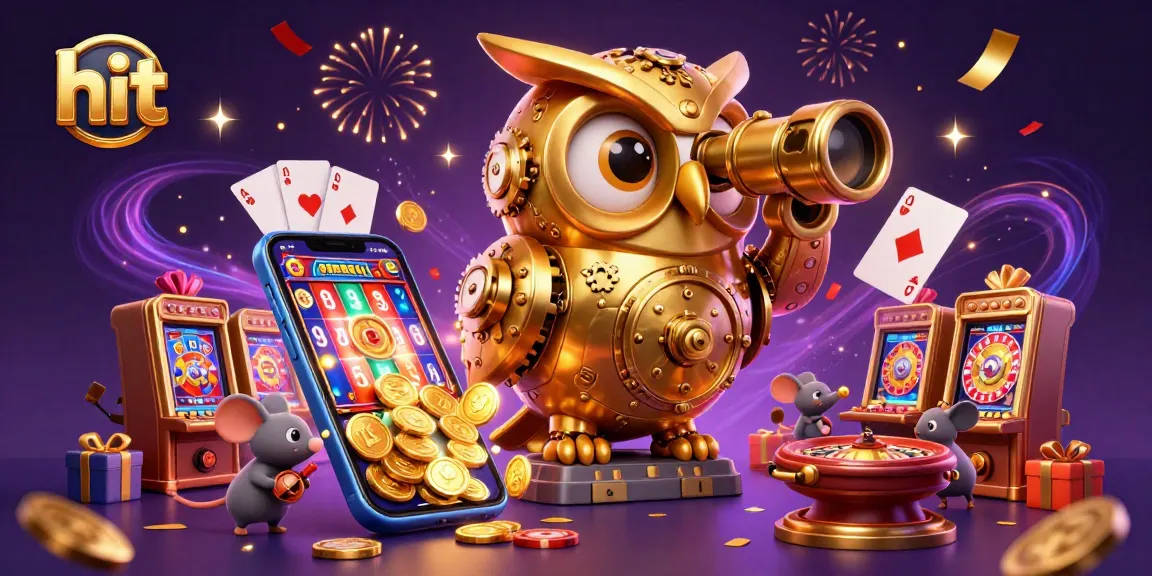 Hit on vibrant slot machines with a golden owl observing a bustling casino floor