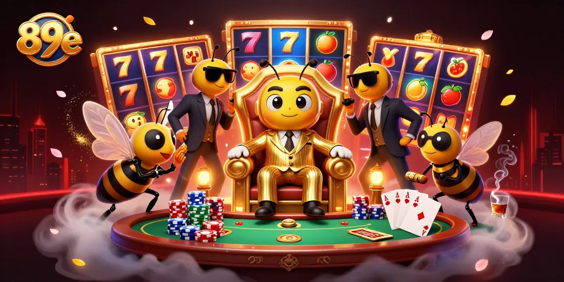 Experience thrilling entertainment with 89e in a vibrant 3D casino scene featuring slot reels and poker tables.