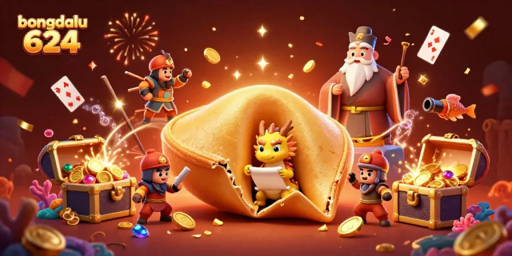 Experience the thrill of bongdalu 624 with a vibrant, gold-filled 3D cartoon scene featuring a giant fortune cookie and mystical characters.