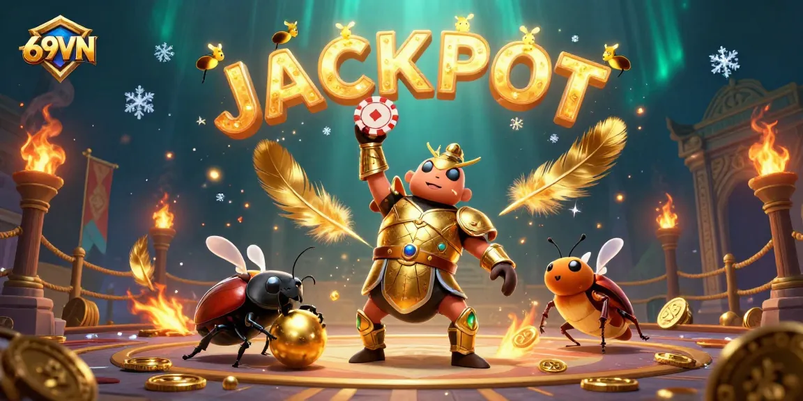 Experience thrilling victory at 69VN with a gladiator beetle lifting a poker chip in celebration.