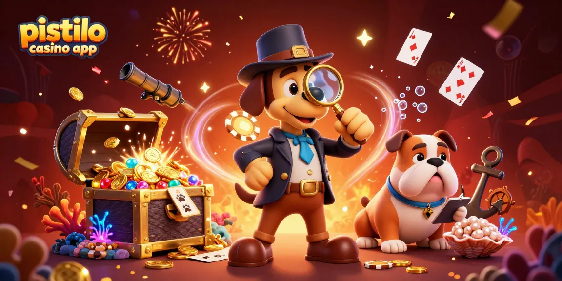 Een kleurrijke scène met de pistolo casino app, waarin een speurhond een gouden pokerchip onderzoekt.