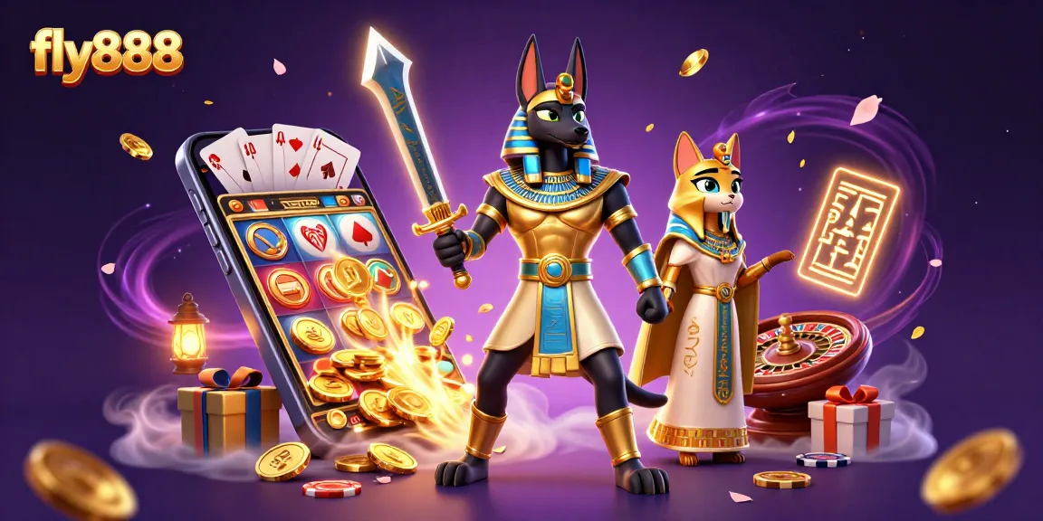 Experience the thrill of fly888 with Anubis and Bastet in a vibrant casino scene, featuring dynamic gaming elements.