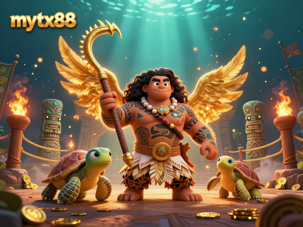 Engage with mytx88's thrilling atmosphere featuring a demigod hawk in a vibrant casino scene with golden tokens and fiery effects.