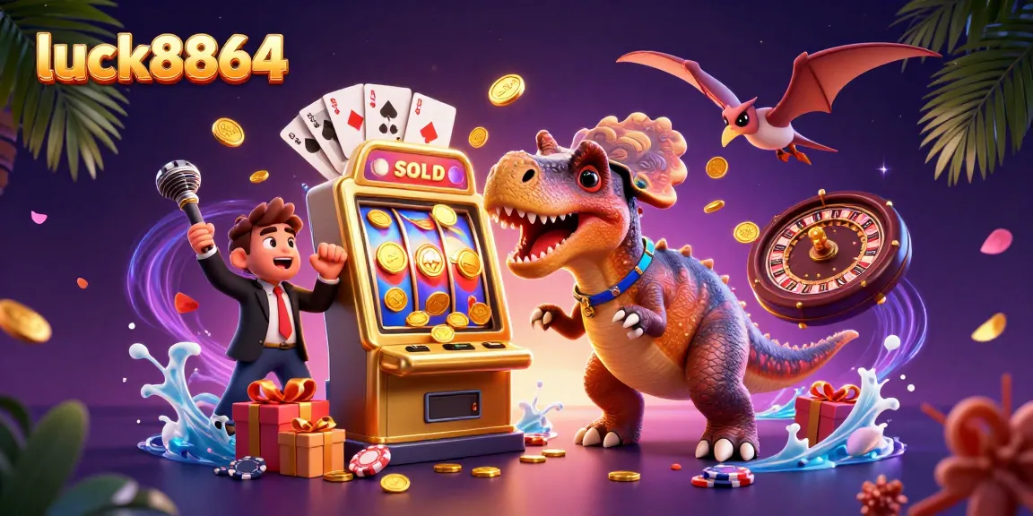 luck8864 game characters celebrating a jackpot payout with vibrant casino elements and gold coins