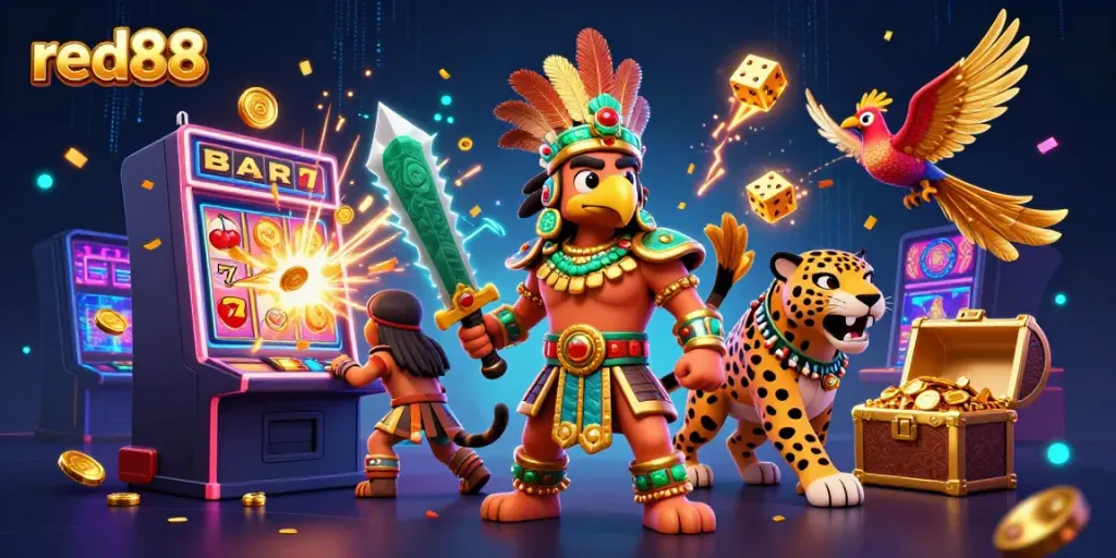 Experience thrilling gameplay with red88's dynamic 3D casino scene featuring iconic characters and jackpot elements.