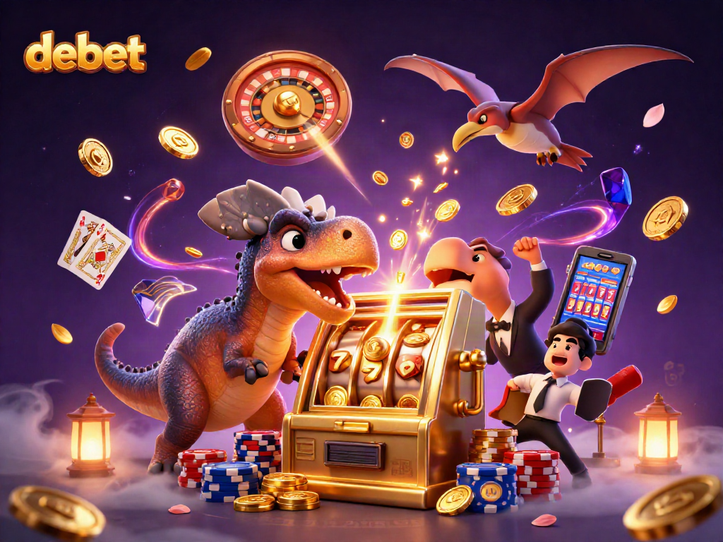 Catch golden coins and win big with debet in this vibrant casino scene illustration.