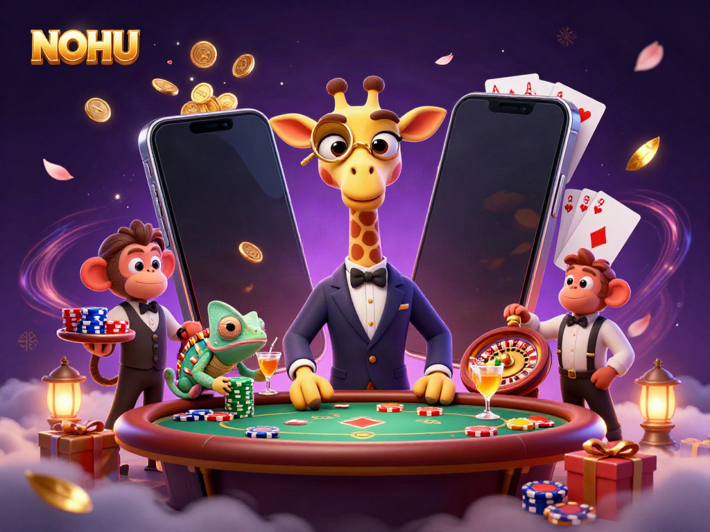 Experience NOHU casino thrills with a high-roller giraffe, monkey valet, and chameleon bartender in a vibrant 3D scene.