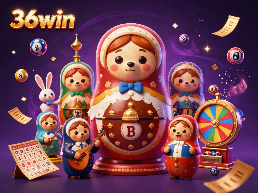 Engage with 36win's magical casino experience, featuring a Matryoshka bear and vibrant lottery elements.