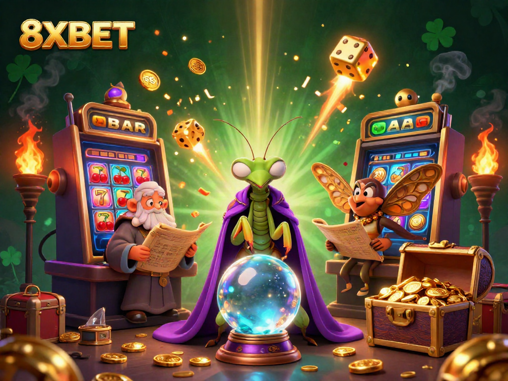 Experience thrilling wins at 8XBET with a vibrant casino scene packed with dynamic elements and magical characters.