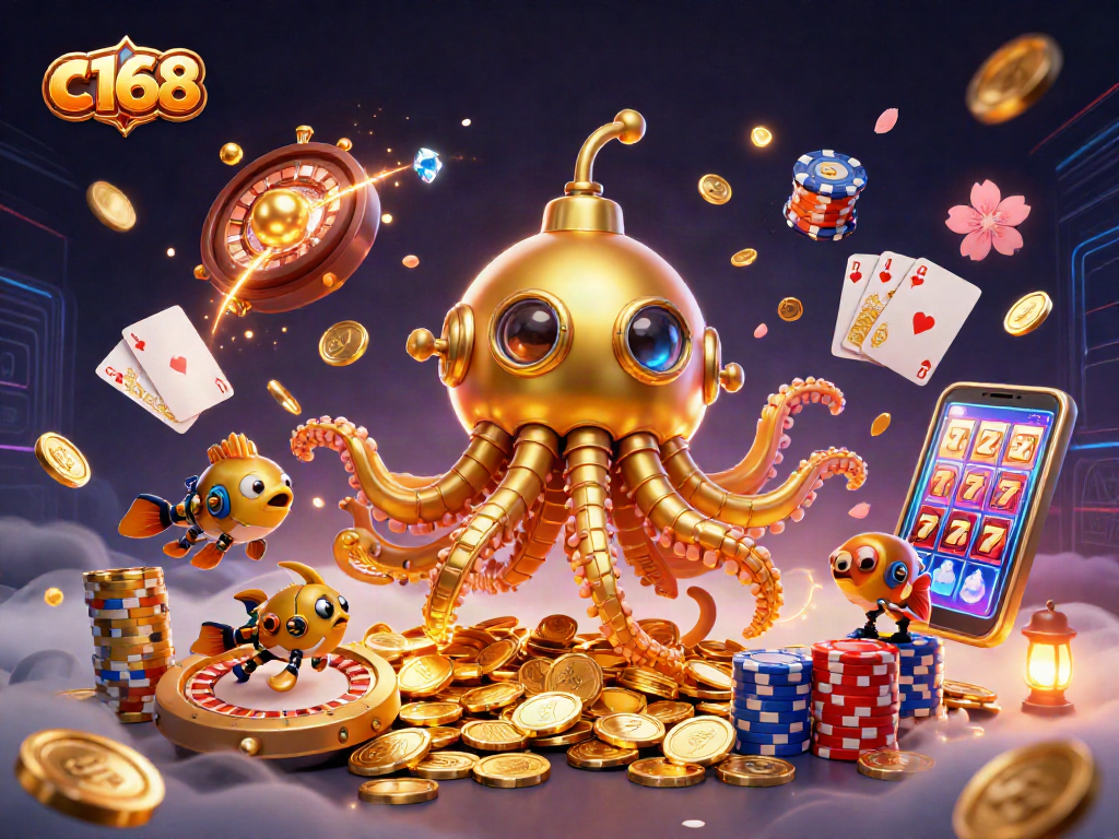 Catch the excitement of c168 casino with a vibrant 3D kraken submarine amidst flying golden coins.