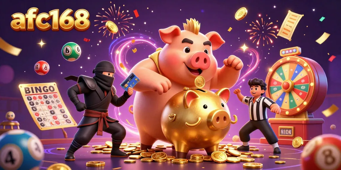 Experience vibrant gambling action with afc168, where a golden piggy bank sumo wrestler joins thrilling game elements.