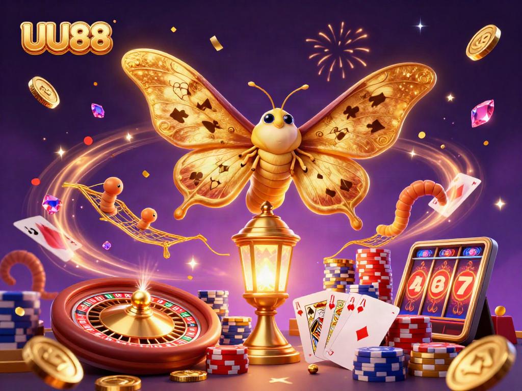 Experience excitement with UU88 as golden coins cascade around a luminous casino scene.